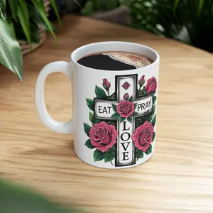 Christian Ceramic Mug - Eat, Pray Love Design, Coffee Cup Gift for Wellness, Self-Care, Birthday, Housewarming, Meditation