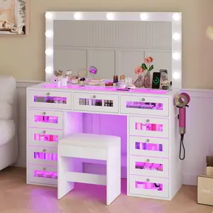 Vanity Desk with Makeup Mirror, featuring 11 LED lights with 3 adjustable brightness settings, ideal for bedrooms and walk-in closets; white vanity furniture