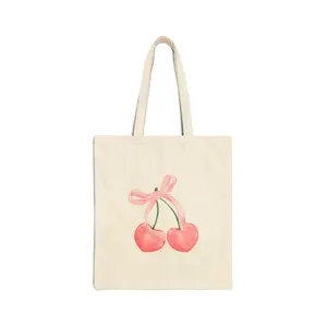 Cotton Canvas Tote Bag-Pink Coquette Bow Cherry baby pink trend