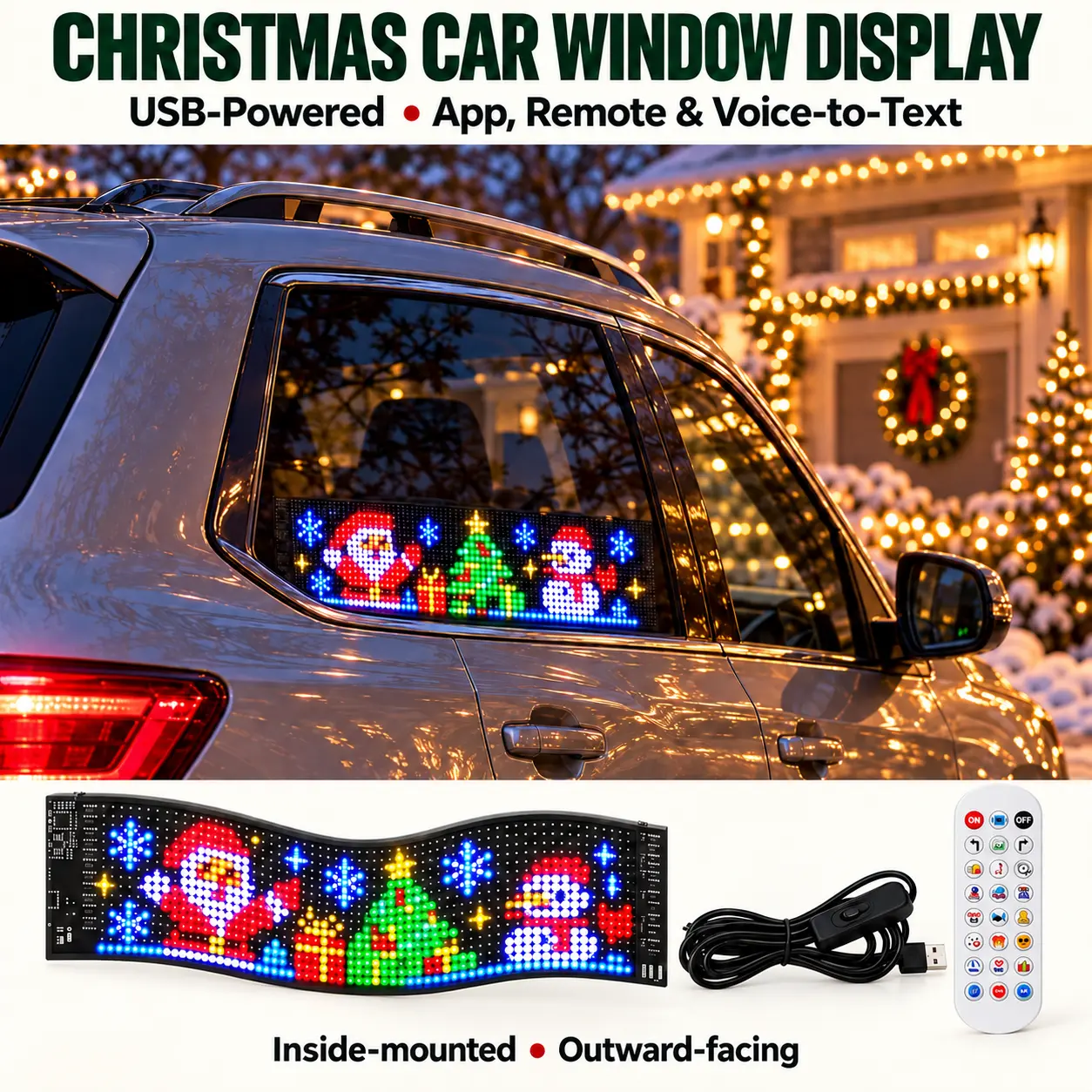 Christmas Pixel Display for Car Windows, USB-Powered Flexible Panel with App, Remote & Voice-to-Text Control, Festive Animations for Holiday Decor