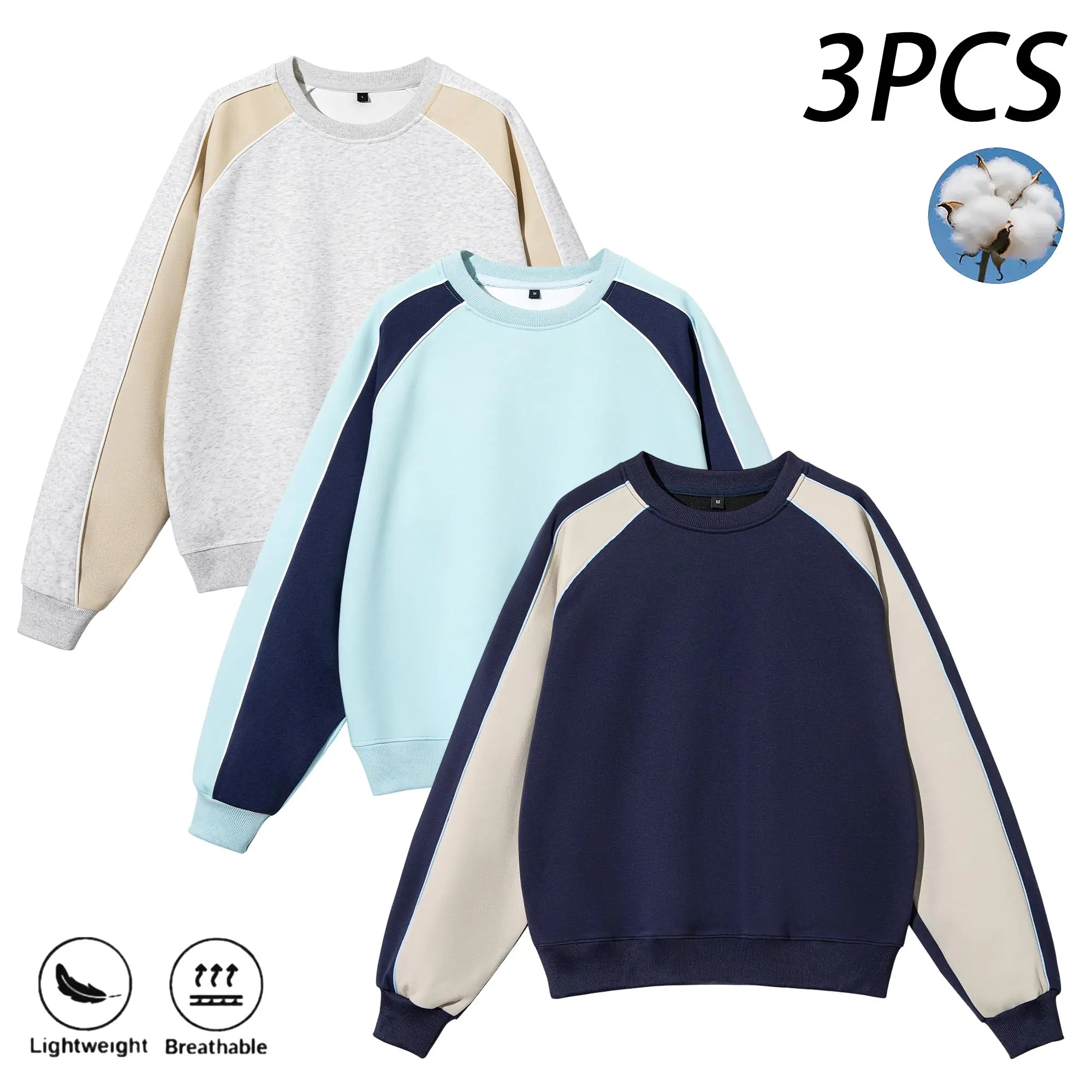Women’s 3-Pack Color-Block Raglan Crewneck Sweatshirts, Lightweight Loose Long-Sleeve Pullovers for Everyday Casual Wear
