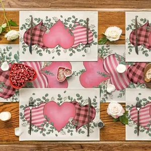 1/4/5/7pcs Valentine's Day placemat table flag set, romantic love plant pattern anti slip and heat-insulating table mat, pink love sprouting design table flag, used for dining table, dining room, kitchen party decoration, kitchen party decoration