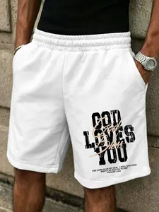 Men's American Street Style Faith Slogan Print Shorts, Text + God Bless Handwriting + Bible Verse Print, Casual/streetwear Pants