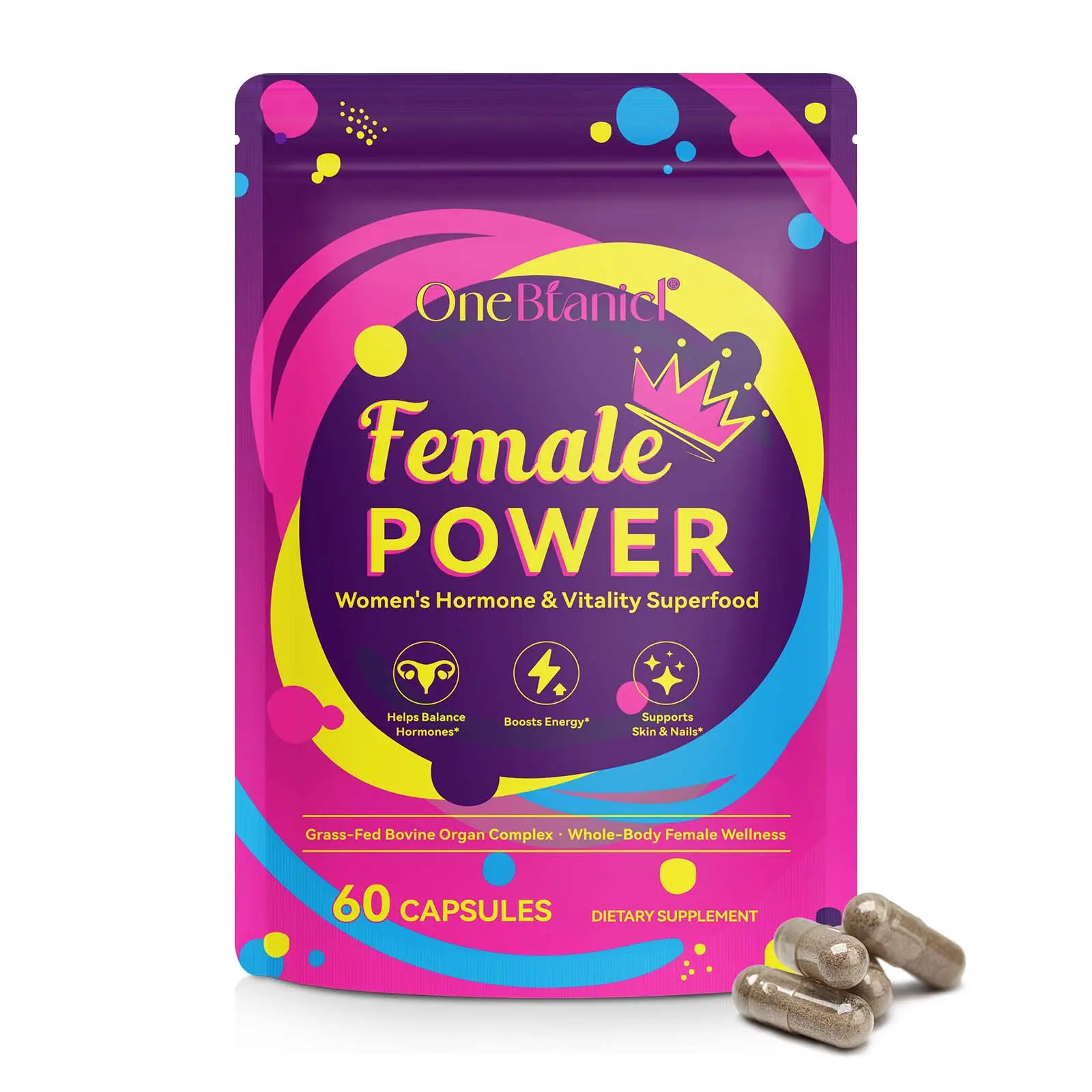 ONEBTANICL Women's Grassfed Organ Mix Dietary Capsules - Natural Grass-Fed Beef Liver, Collagen, Nutrient Rich, Natural Iron, Vitamin B12, Organ Support, Energy Boost, Feminine Hormone Balance, Uterus & Ovaries Care, Self Care Products, Camping Essentials