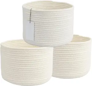 Woven Cotton Storage Baskets - 3-Pack Round Bins (10x10x7'') for Shelves, Closets & Bookcases | Durable Rope Organizers for , , Toys, Easter & More (white)