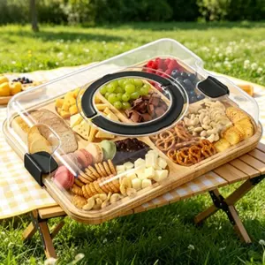 Large Bamboo Charcuterie Platter with Clear Lid, Divided Snack Tray for Home Entertaining, Stylish Serving Dish for Parties and Gatherings