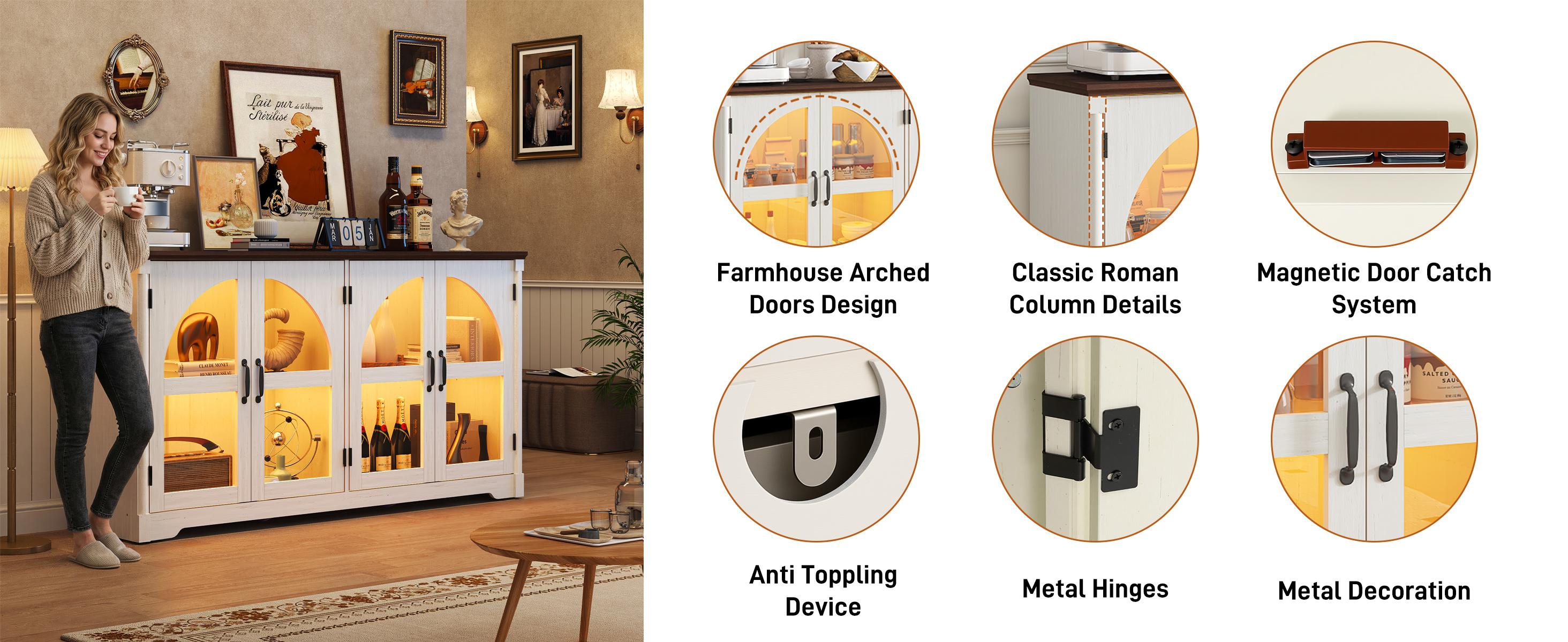 63" Modern Arched Sideboard Buffet Cabinet with LED Lights & Glass Doors, Large Storage Cabinet with Adjustable Shelves for Living Room & Kitchen