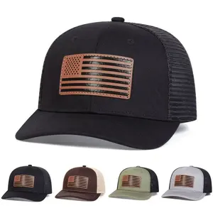 Unisex American Flag Brown Leather Patch Baseball Cap Mesh Hat Outdoor Adjustable Sunscreen Leisure Hat