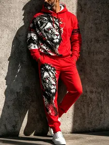 New men's casual 2-piece set, lion ink print hoodie and sweatpants, spring and autumn fashion outfit fathersdaygift