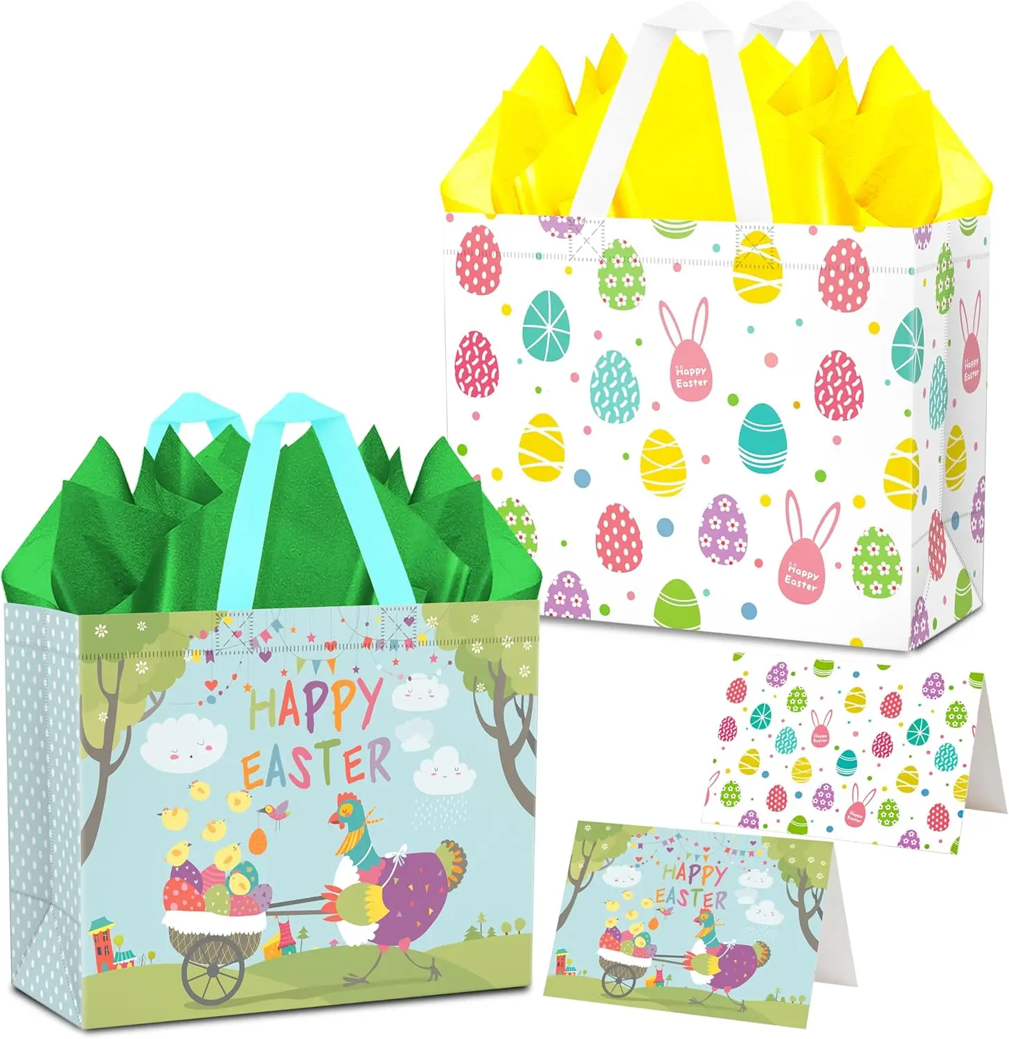 2 count 12.6" Large Easter  Bags with Card and Tissue Paper,  Non-Woven Easter Bag with Handles for  Easter Party Supplies, Easter Egg , Easter  Bags.