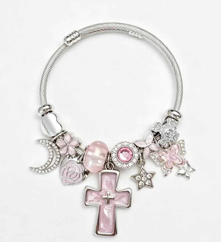 Pink Cross Charm Adjustable Cuff Bangle, Silver Plated Cable Wire Bracelet with Moon Star Butterfly Flower Crystal Charms, Religious Dainty Wrist Jewelry Gift for Women Teen Girls