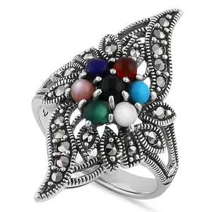 Sterling Silver Exquisite Multi-Color Onyx Pear Flower Marcasite Ring
