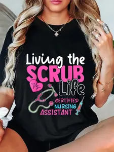 100% Cotton Unisex Cna Tee for Nurse Hospital Colletion Living the Scrubs Life Round Neck Short Sleeve T-Shirt Women's Men Graphic Tee