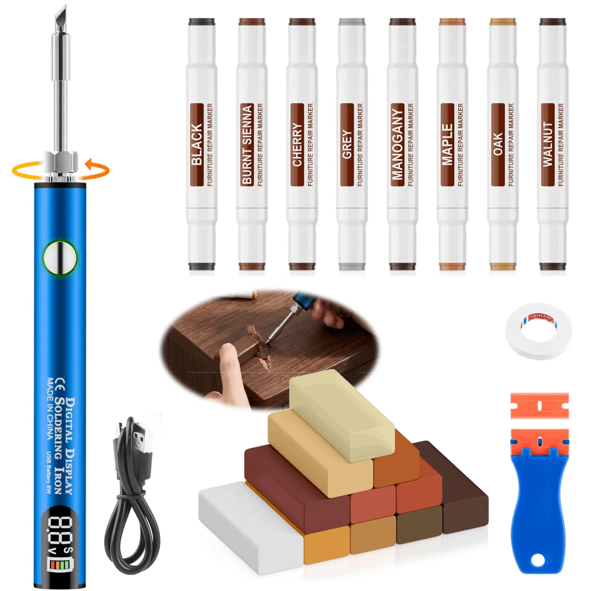Upgraded DIY Wood Repair Kit with 11 Wax Blocks, 3-Mode 8s Fast Heat Wax Melting Pen w/ Smart Display for Scratch & Daily Fixes, Scratches