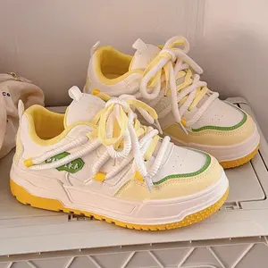 Women'S Casual Platform Sneakers |   Lemon Yellow and White Bottom, Lightweight Comfortable, Versatile Flats, Sporty Student Shoes, Lace-up Closure, Low Top, All-season