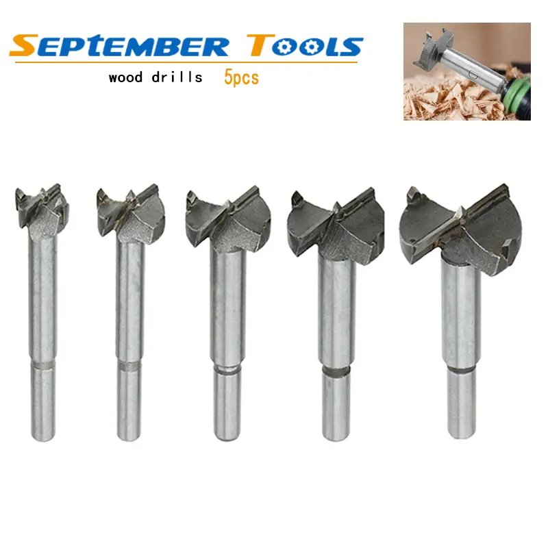 5pcs Carbide Tip Shank Step Wood Drill Bits Set, 15-35mm Heavy-Duty Cemented Carbide Attachment for Wood Cutting, Boring Hardware Tools, Drill Bit Sets
