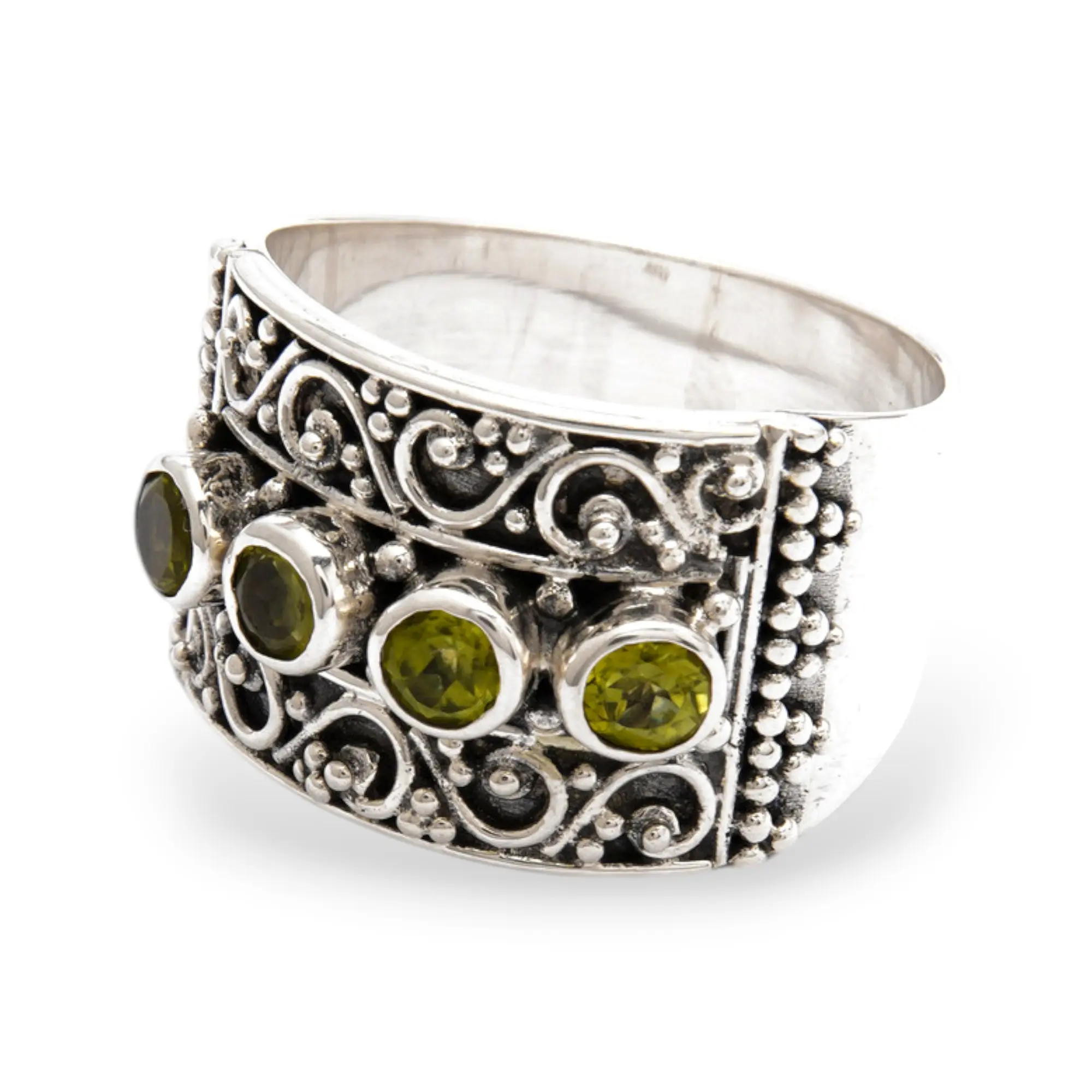 NOVICA Artisan Handmade Peridot Cocktail Ring .925 Sterling Silver Multistone from Bali Green Band Indonesia Kale Birthstone 'Lucky Four'
