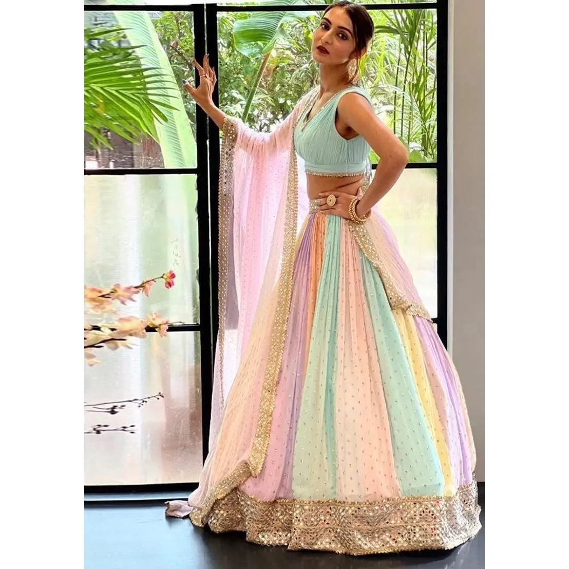 Rainbow Pastel Lehenga Choli with Gold Embroidery and Pink Dupatta for Indian Wedding Wear