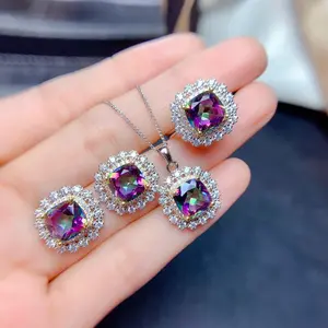 Imitation Natural Rainbow Crystal Stone Set Sky Blue Topaz Necklace Ring Pendant Earrings for Women