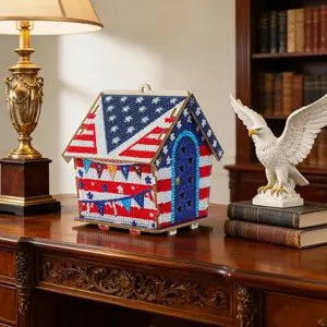 Wooden Diamond Art House Set - All diamond craftsmanship, DIY decorative house ornaments and tabletop projects, American Independence Day theme, American 250th Anniversary decoration items, suitable as gifts for your loved ones/friends