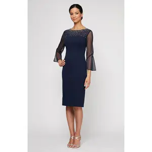 Sheath Crepe Dress with Embellished  Illusion Mesh Neckline and Bell Sleeves