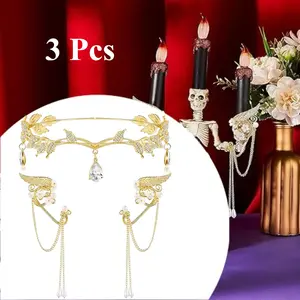 3 Pcs Halloween Rhinestone Leaf Headband Metal Elf Ears Cuffs Fairy Costume Crown Cosplay Accessories for Women(Gold) Christmas Masks hair  accessary party  supplies