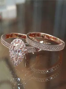 Women's Elegant Heart Shaped Ring, Exquisite Trendy Rhinestone Decorated Marquise Cut Ring, Fashionable Jewelry for Women As Engagement Ring Set & Wedding Anniversary Gift