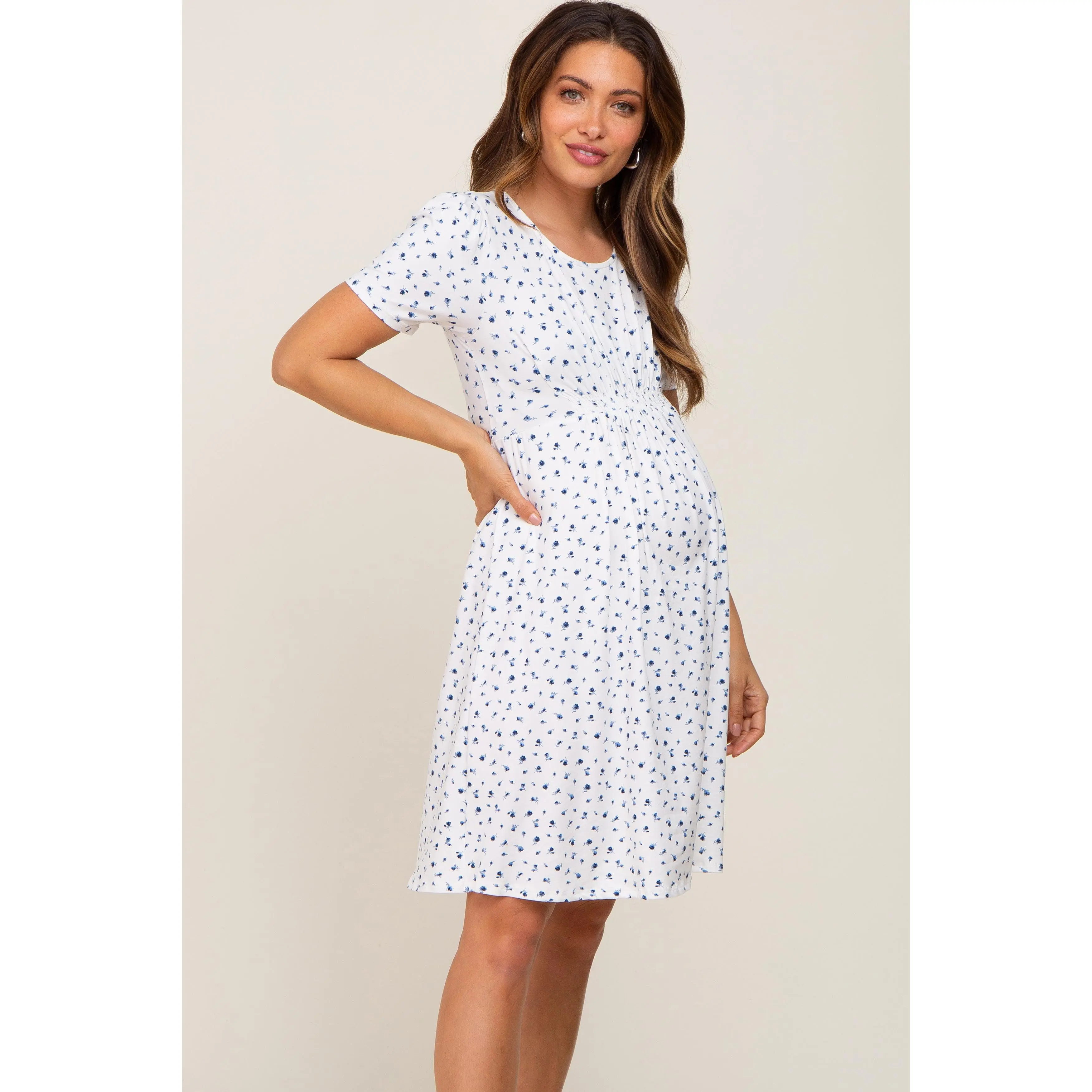 Ivory Floral Smocked Short Sleeve Maternity Dress
