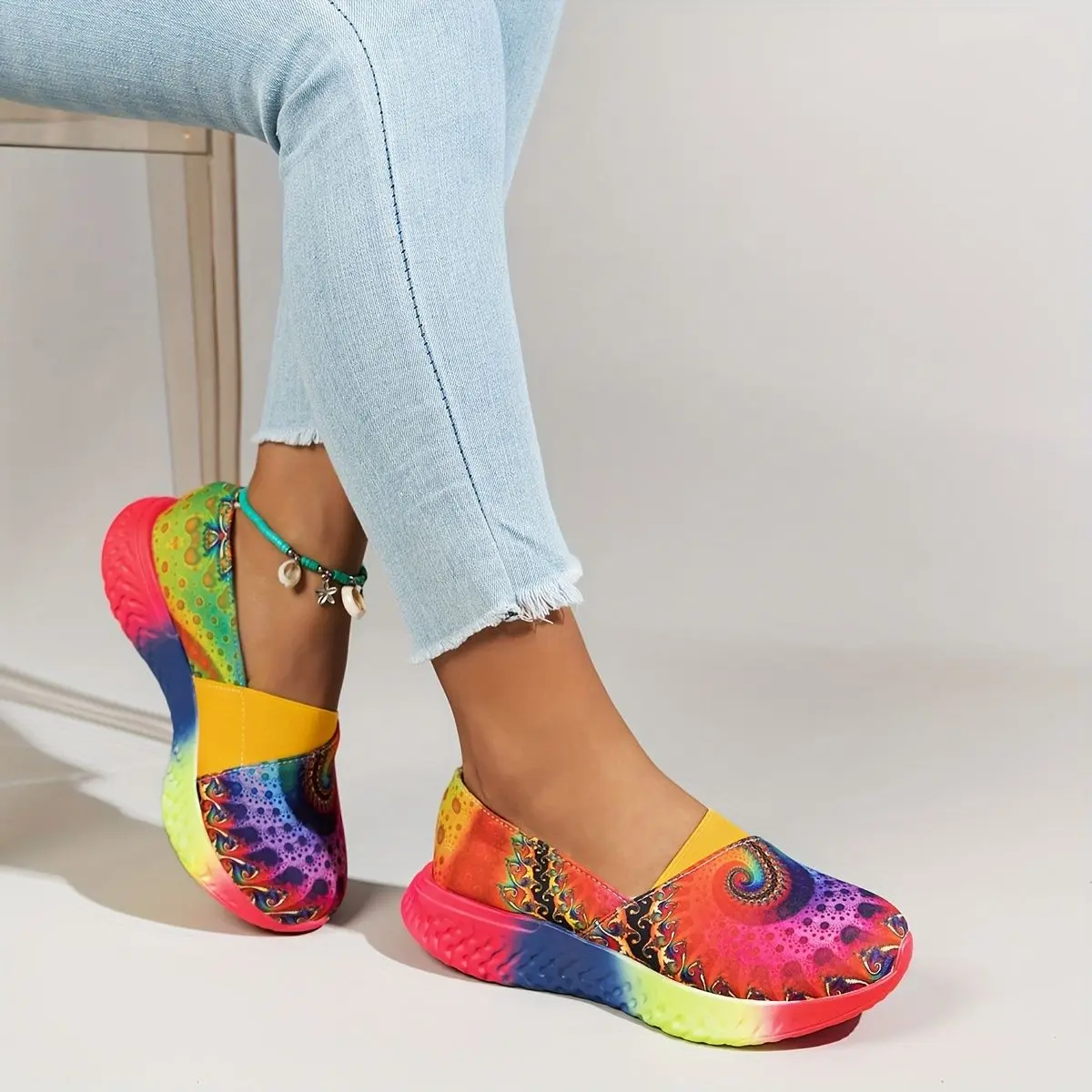 Women's Rainbow Tie-Dye Slip-On Sneakers - Lightweight Comfortable Casual Shoes with Vibrant Cloud Pattern & Brogue Detailing, Low-Top Design, Durable PU Sole for All-Day Wear, All-Season Versatile Style, Ladies Sneakers, Stylish Footwear,