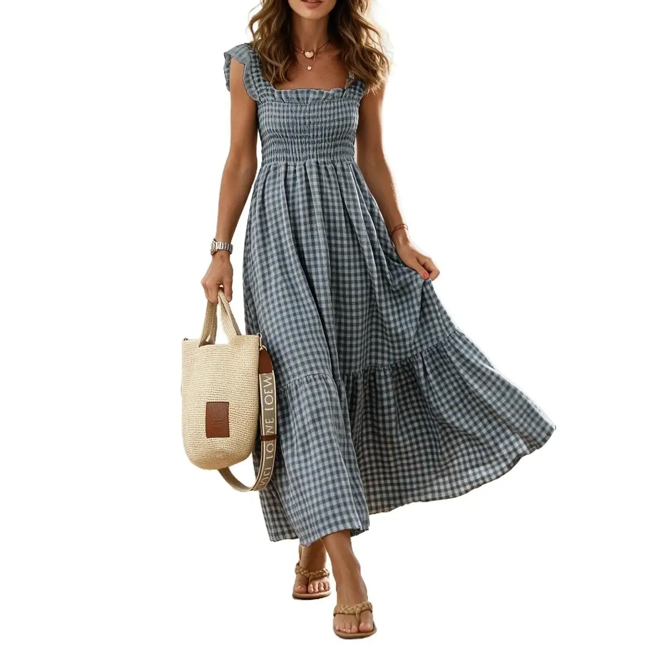 Women's Retro Gingham Smocked Square Neck Spaghetti Strap Ruffle Long Dress - Ladies' Elegant Streetwear Style Trend Piece for Beach Vacation