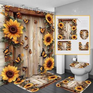 sunflower pattern bathroom decor set, 1 set including shower curtain & toilet u-shaped mat & toilet lid cover & rectangular mat, bathroom accessories
