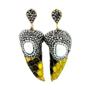 Yellow Python Print Leather & Pearl Crystal Earring