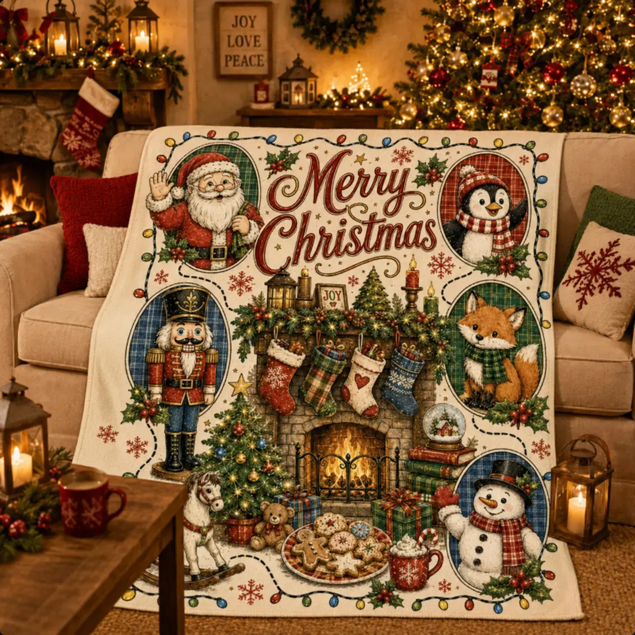 1pc Vintage Fleece Throw Blanket with Nostalgic Santa-Nutcracker Graphic, Fleece Texture, for Sofa Couch, Living Room Decor, Home & Office Use, Holiday Winter Decor & Christmas Gift
