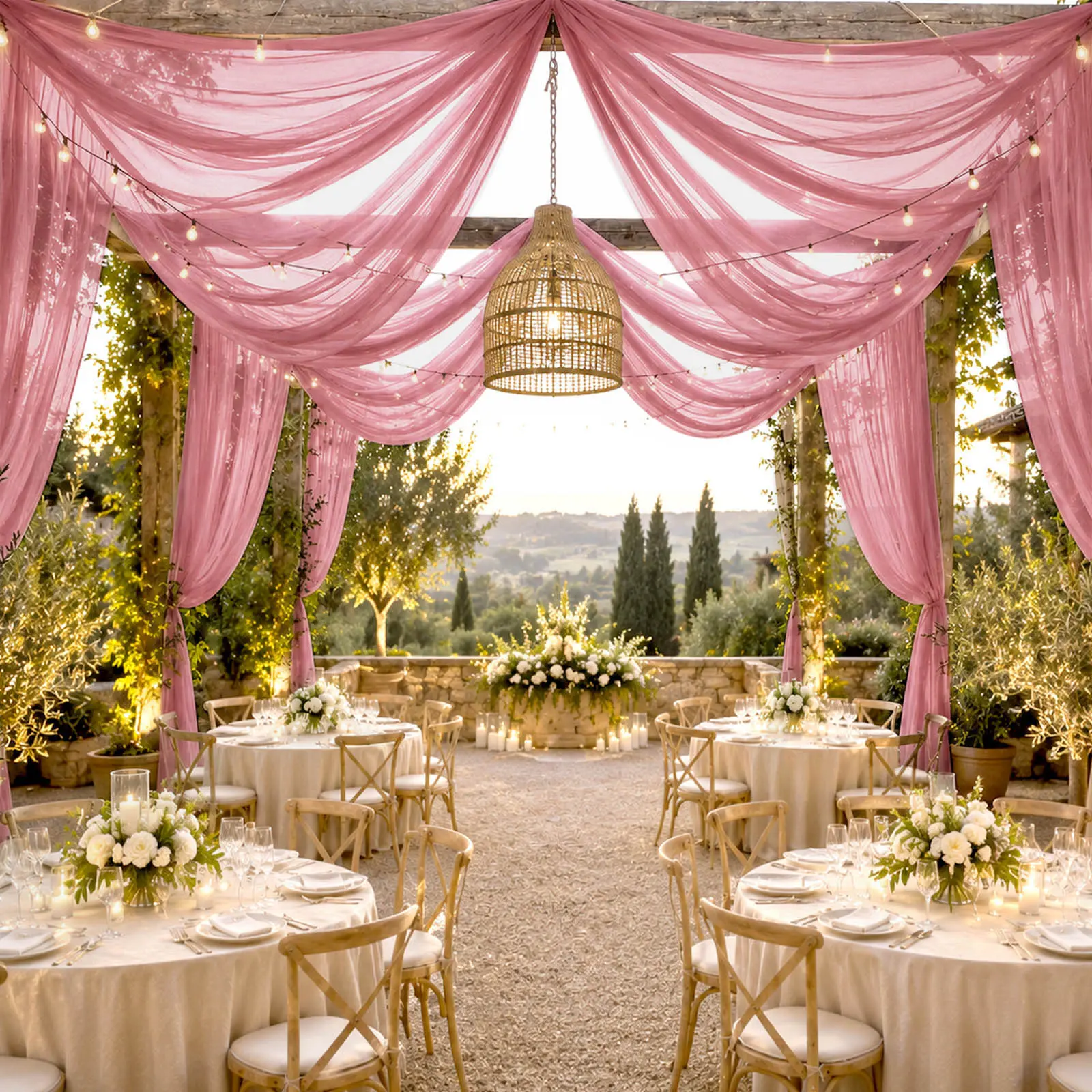 Sheer Ceiling Drape - 10ft x 32ft Mauve Cinnamon Rose Full Length Hangable Drapery Panel for Wedding Canopy, Indoor Banners & Party Decor
