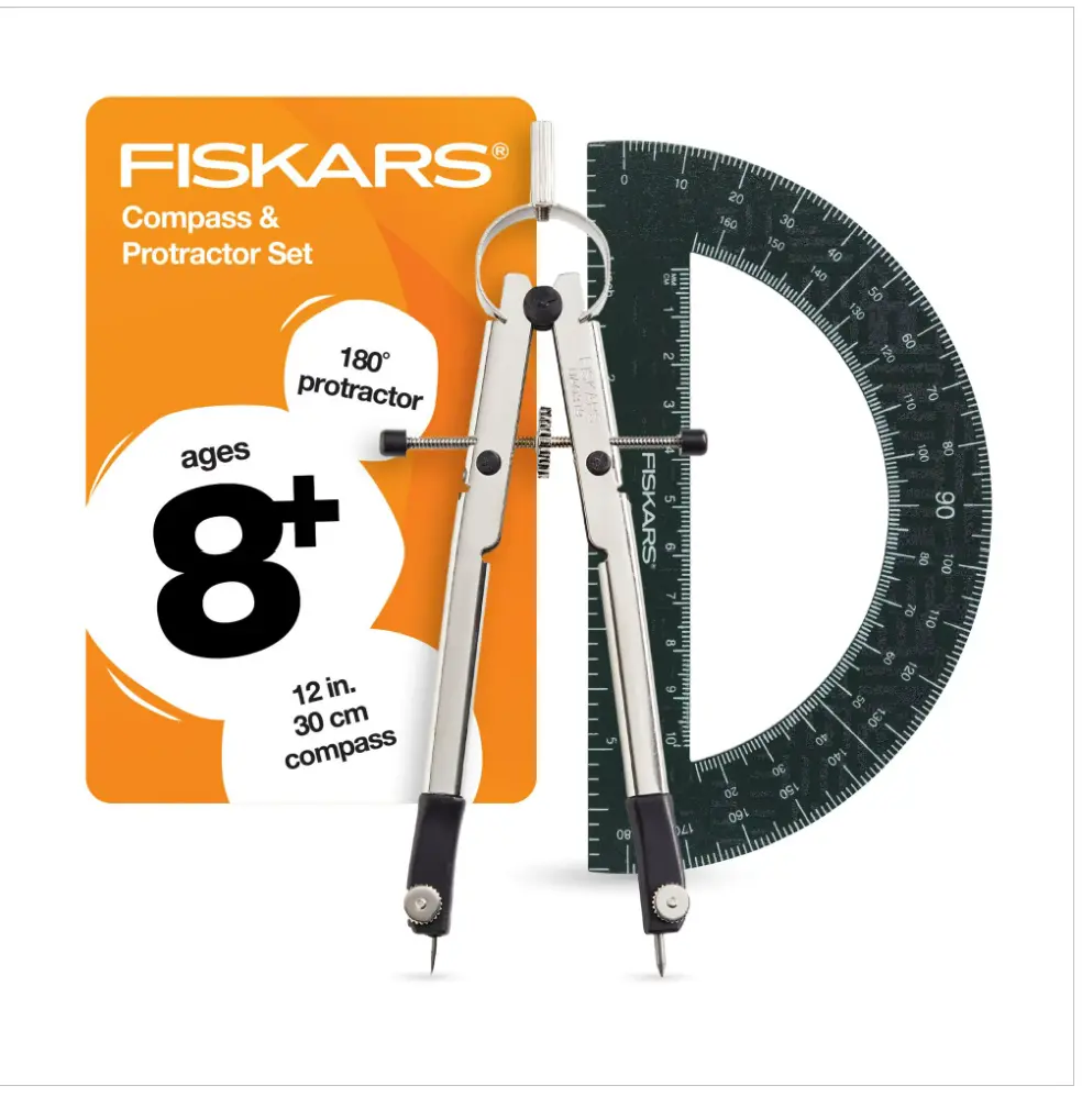 Fiskars 12-inch Metal Compass with 180-Degree Protractor, School Math Supplies, Black (1-Pack)