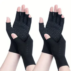 [RooRuns Compression Gloves] 2 Pair RooRuns Half Finger Compression Gloves - Anti-Slip Dots, Breathable, Moisture-Wicking, Comfort Fit - Black, Ideal for Gift Giving