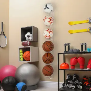 Wall Mounted White Metal Sports Ball Holder Rack, Vertical Storage for Basketballs, Volleyballs
