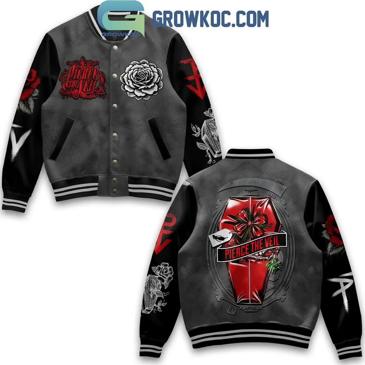 Pierce The Veil Band Graphic Coffin Gift Box Rose Print Baseball Jacket Post Hardcore Rock Loose Fit Casual Sports Outerwear Coat For Men Women Autumn Winter Spring Fashion Apparel