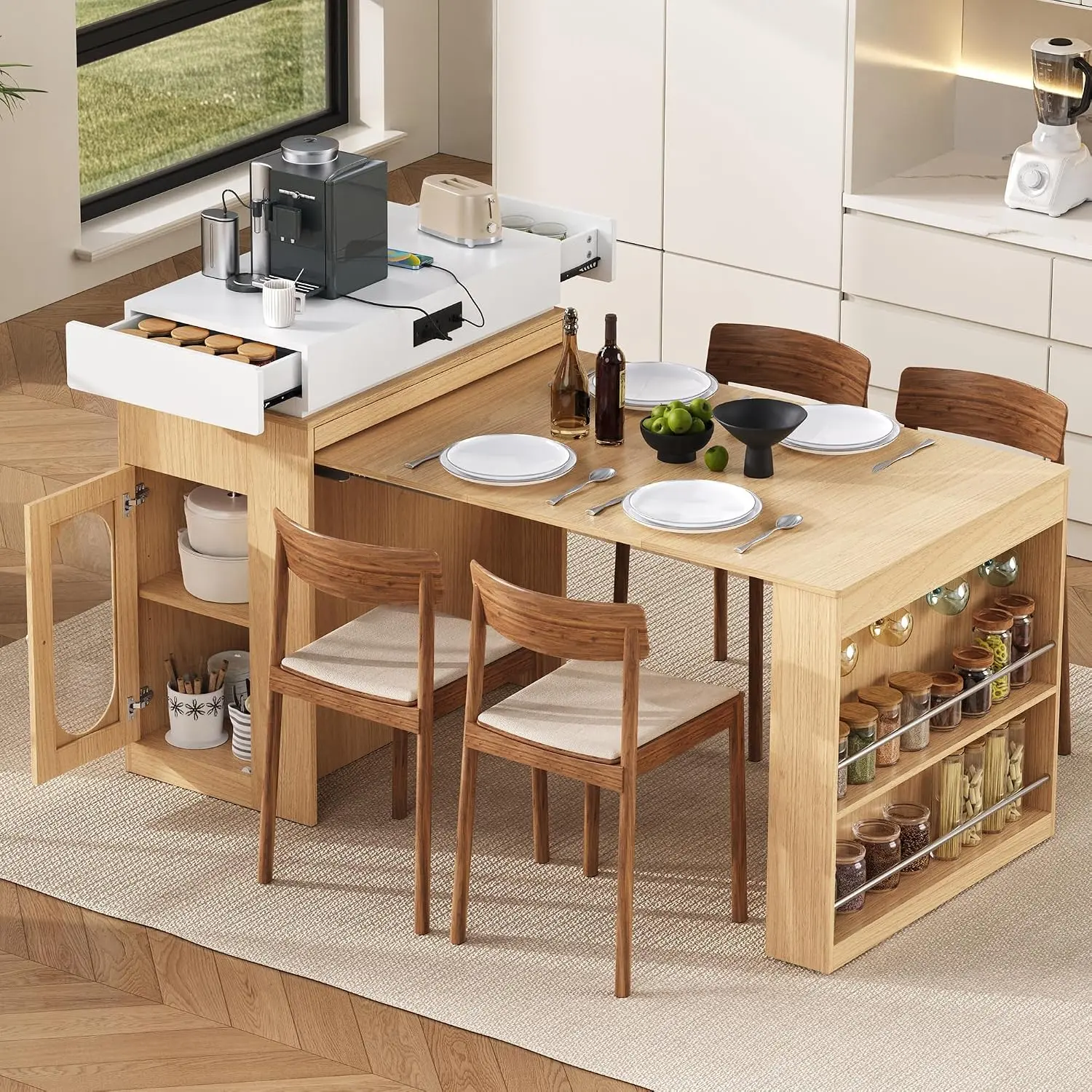 Extendable Dining Table with Folding Tabletop, Kitchen Island Table | with 2 Drawers & Power Outlet & Wheels & Hooks, Space-Saving, Retracted as Sideboard, No Chair (Natural+Creamy White)