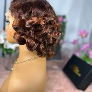 12A 5×5 HD Lace Bouncy Curly Human Hair Wig 12” – 210% Density,    Highlight Brown