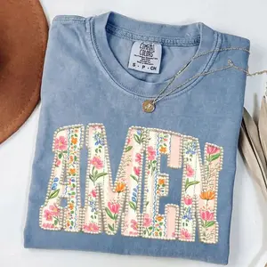Comfort Colors Amen Floral Pearl T-shirt, Vintage Faith Graphic Patchwork Flower Print for Women, Casual Short Sleeve Tee, Apparel Made In The USA		