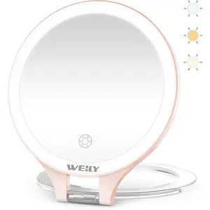 Magnifying Makeup Mirror 10X/1X, Travel Mirror with Light, Sided Mirror with 3 Color Lights for Makeup, Tweezing, Blackhead and Come Done Removal (Pink)