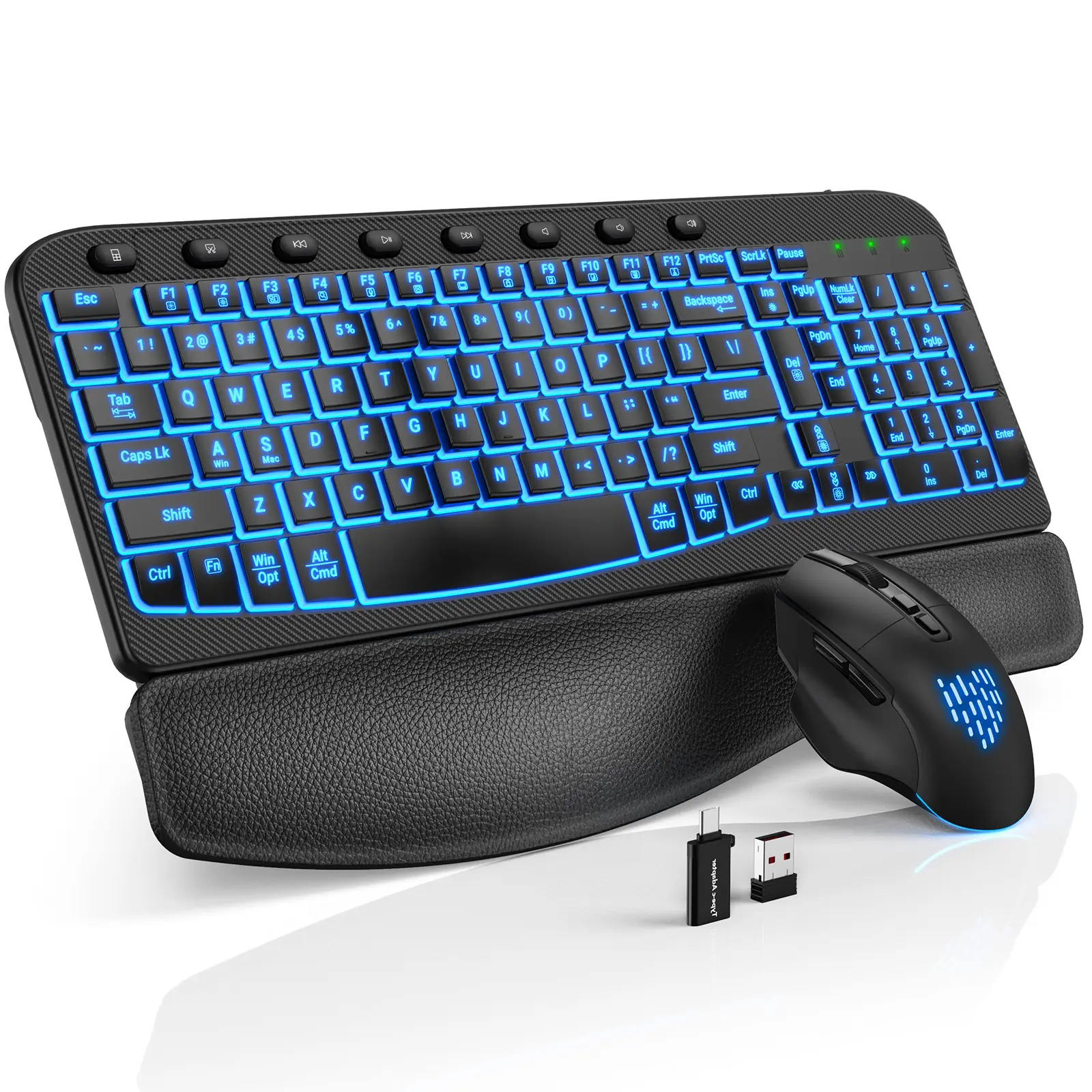 Ergonomic Wireless Keyboard and Mouse Combo - Wave Keyboard with Soft Leather Wrist Rest, Resistant Keys, RGB Backlit Rechargeable Set for PC/Mac/Chromebook