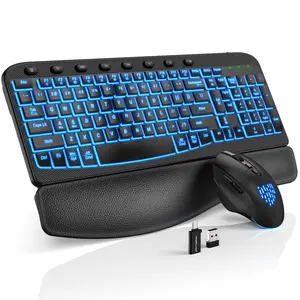 Ergonomic Wireless Keyboard and Mouse Combo - Wave Keyboard with Soft Leather Wrist Rest, Resistant Keys, RGB Backlit Rechargeable Set for PC/Mac/Chromebook