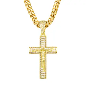 14K Cross Necklace with Jesus Crucifix Pendant Gold-Plated 24” Long for Men   Diamond Hip Hop Necklace Cuban Figaro Rope Miami Chains Jewelry Gift