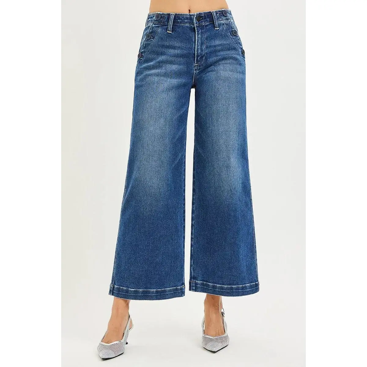 RISEN High Rise Wide Leg Jeans With Pocket Button Detail