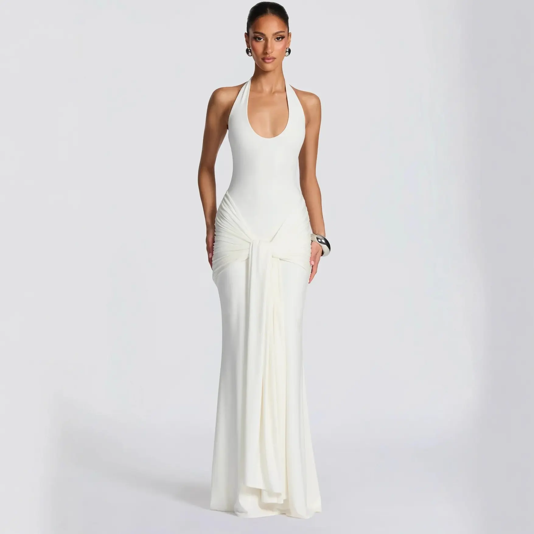 Women's Glamorous Elegant Formal Bodycon Gown - Sleeveless Halter Neck, Ribbon Splicing Detail, Long Length Formal Wear for Ladies, Lady, Clothes, Normal Type