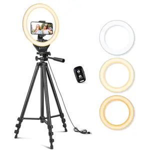10'' Ring Light with 50'' Extendable Tripod Stand, LED Circle Lights with Phone Holder for Live Stream/Makeup/YouTube Video/TikTok, Compatible with All Phones Accessories Selfie