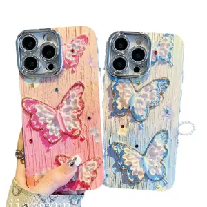 Luxury Rhinestone Butterfly Phone Case with Beaded Pearl Lanyard, Artistic 3D Impasto Style Protective Cover for iPhone Series, Elegant Designer Gift for Her