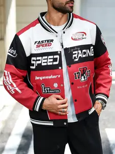Men's Plus Size 2xl-6xl Vintage Racing Sports Baseball Jacket, Colorblock Striped Street Style Coat, Casual Fashion Outerwear